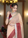 Banarasee Handwoven Dual Color Semi-Chiffon Saree With Zari Work & Lace Border-Peach & Burgundy