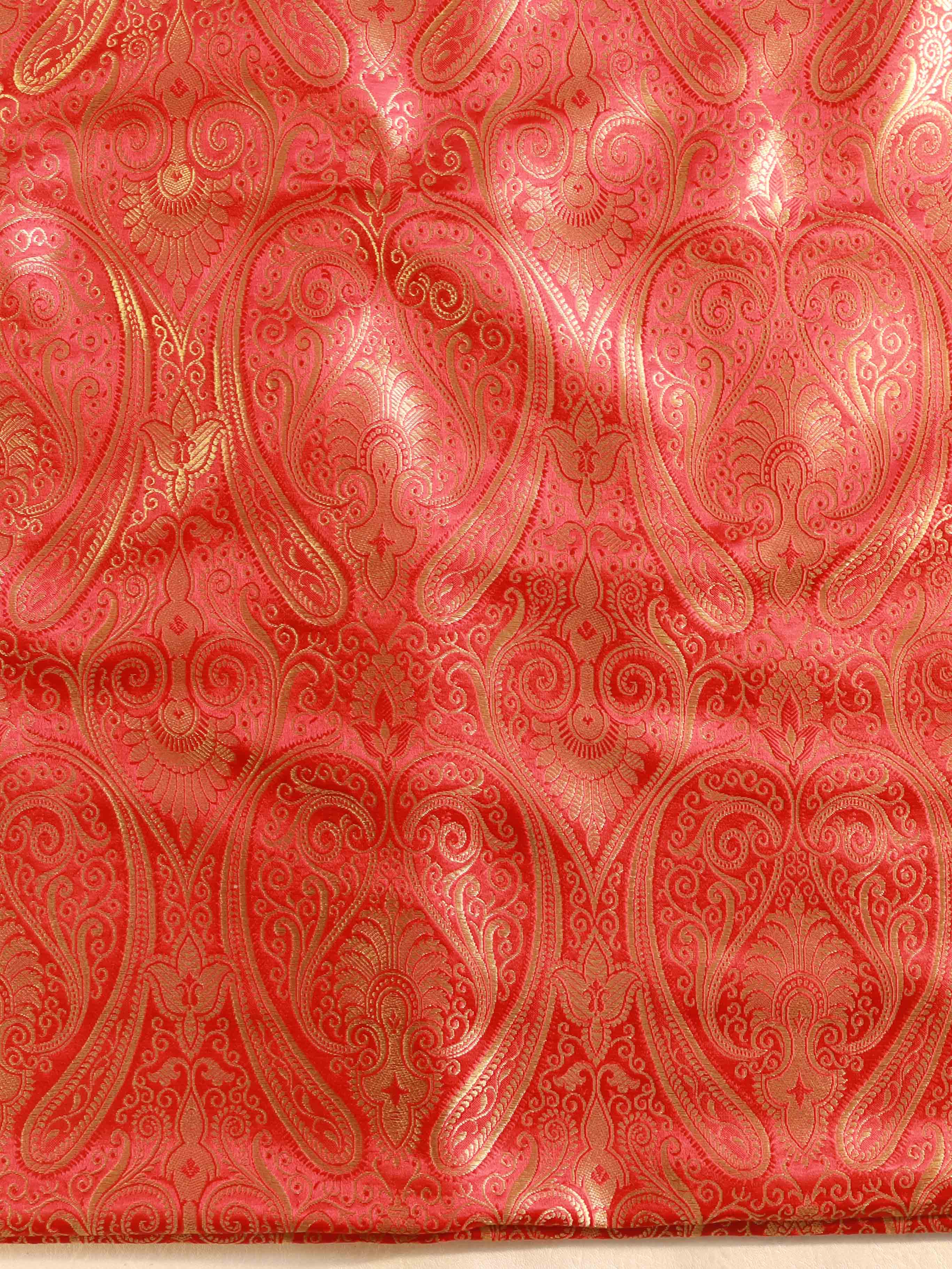 Banarasee Satin Brocade Gold Zari Jaal Design Fabric-Red