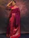 Banarasee Handwoven Semi Silk Plain Saree With Zari Contrast Border-Magenta & Pink