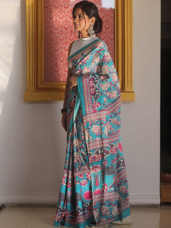 Handloom Mul Cotton Hand-Block Print Saree-Blue