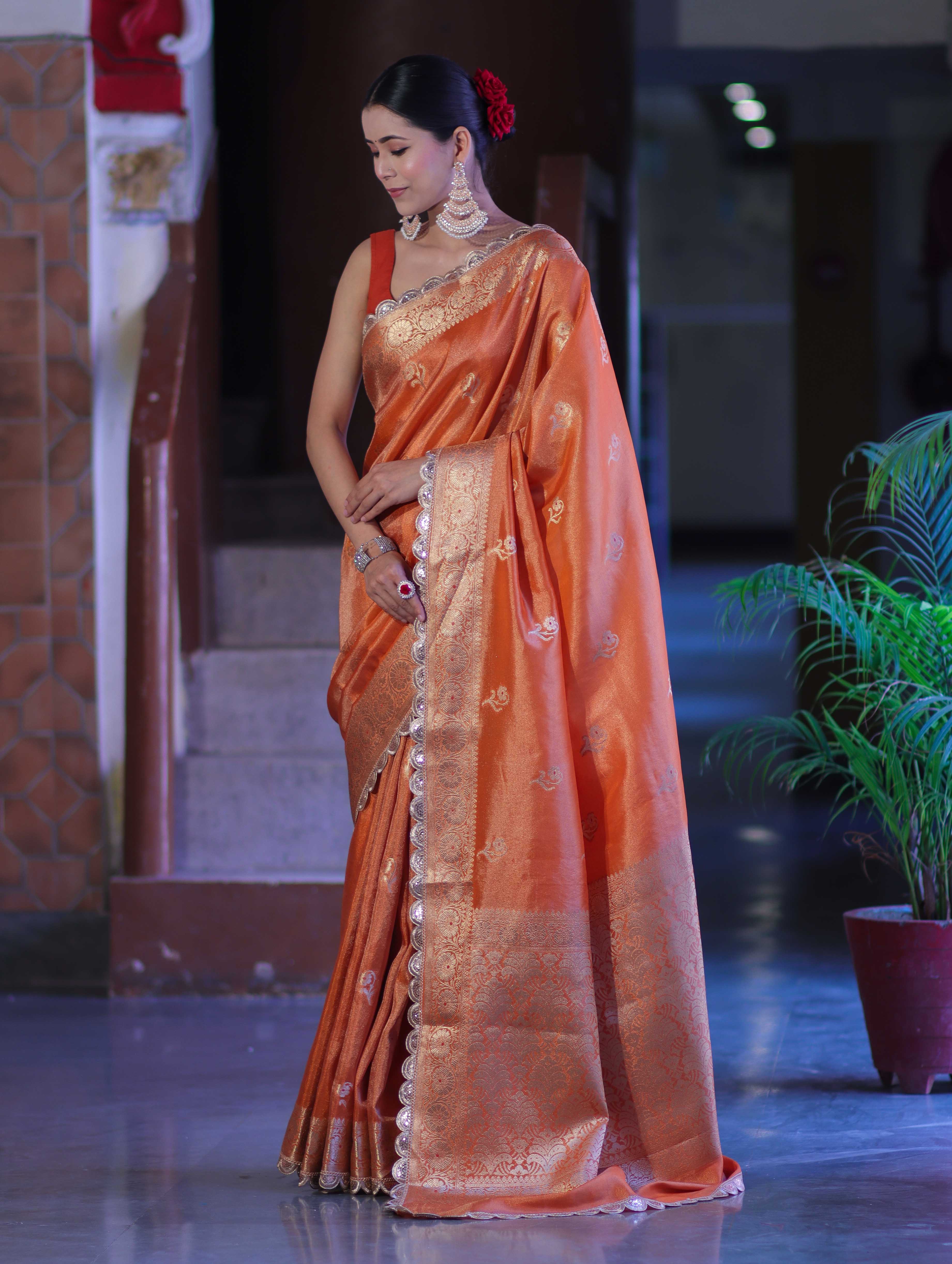 Banarasee Handloom Tissue Saree With Zari Buta Design Border & Lace-Rust
