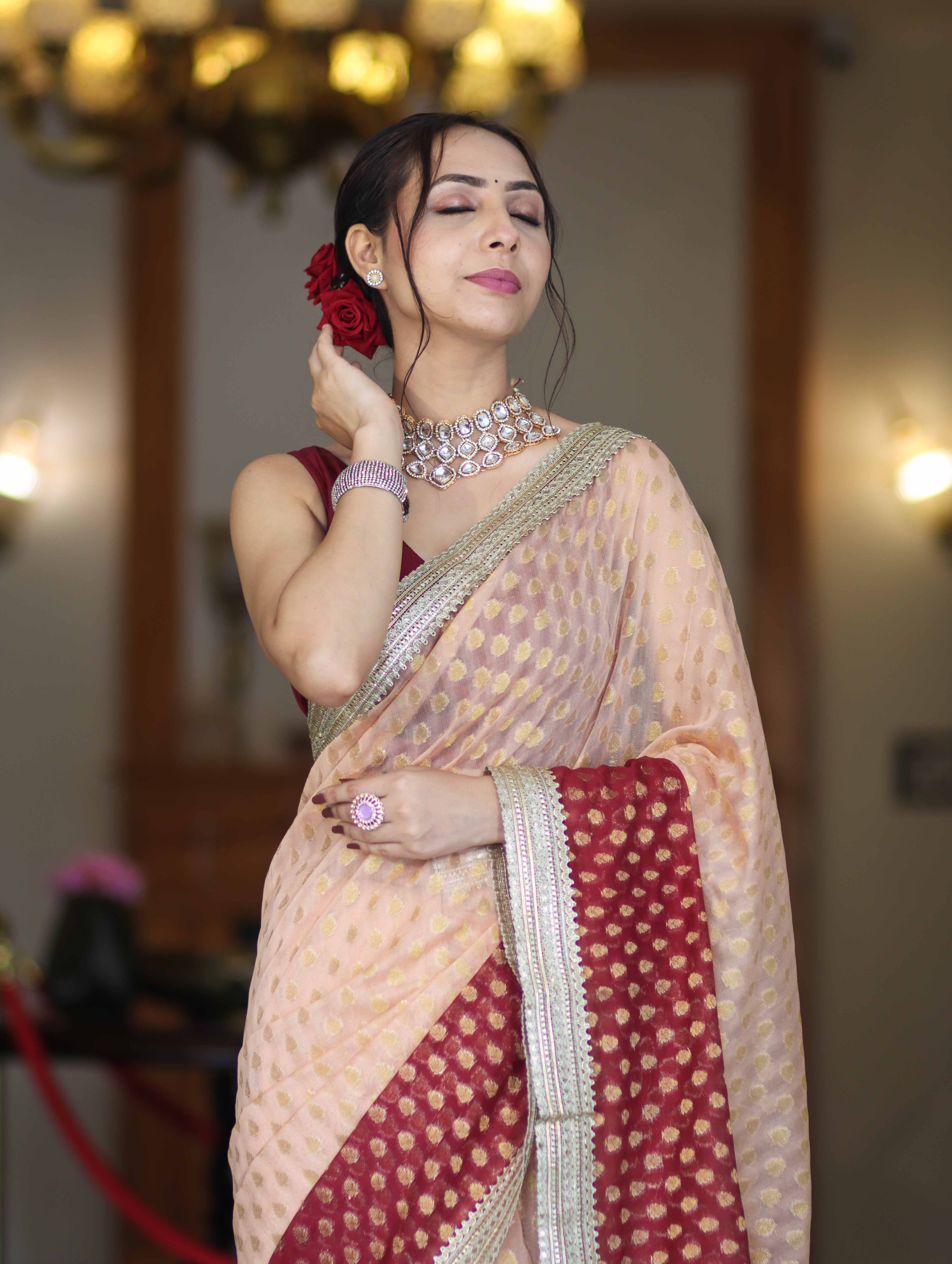 Banarasee Handwoven Dual Color Semi-Chiffon Saree With Zari Work & Lace Border-Peach & Burgundy