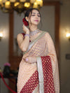 Banarasee Handwoven Dual Color Semi-Chiffon Saree With Zari Work & Lace Border-Peach & Burgundy