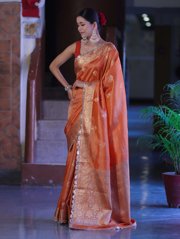 Banarasee Handloom Tissue Saree With Zari Buta Design Border & Lace-Rust