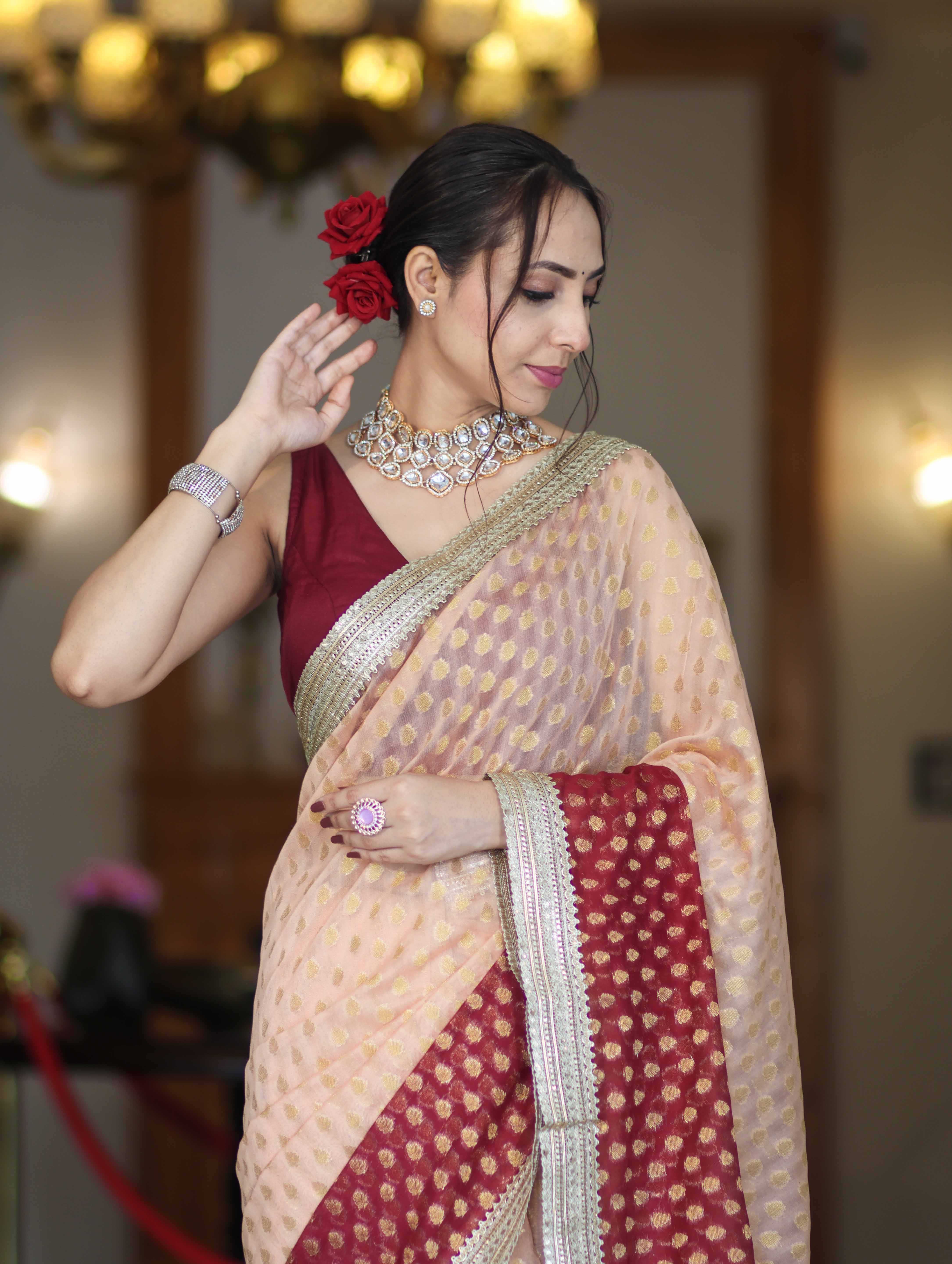 Banarasee Handwoven Dual Color Semi-Chiffon Saree With Zari Work & Lace Border-Peach & Burgundy