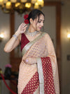 Banarasee Handwoven Dual Color Semi-Chiffon Saree With Zari Work & Lace Border-Peach & Burgundy