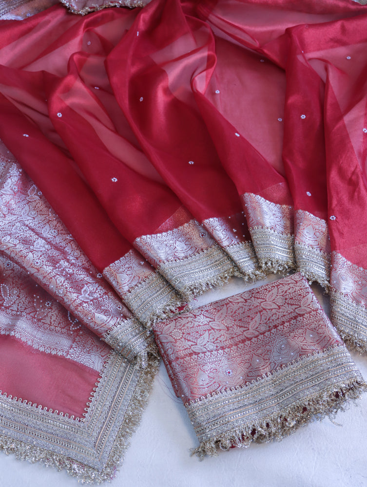 Banarasee Handloom Tissue Saree With Handwoven Pearl Motifs Zari Work & Lace-Red