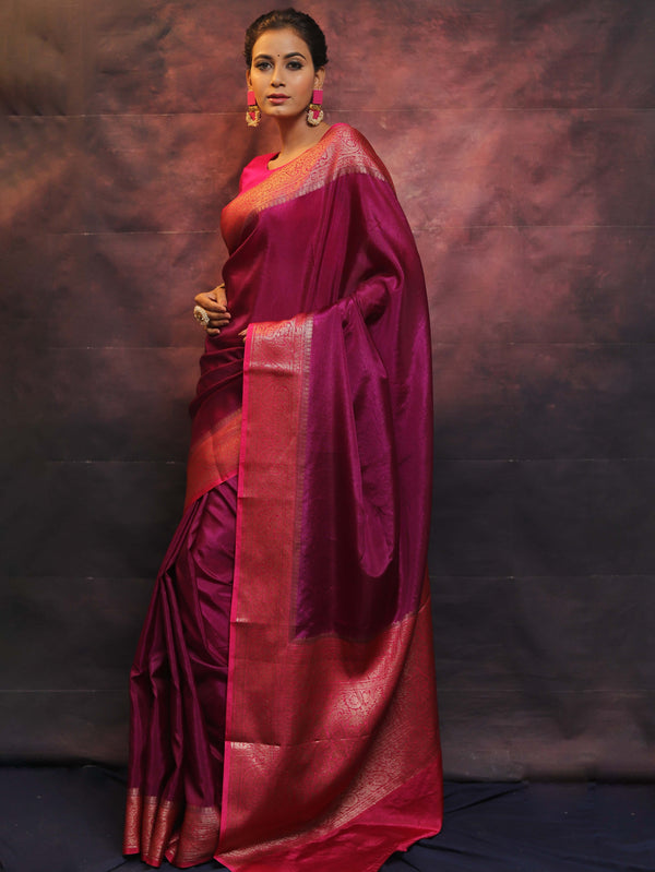 Banarasee Handwoven Semi Silk Plain Saree With Zari Contrast Border-Magenta & Pink