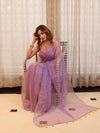 Banarasee Handwoven Semi Chiffon Saree With Mirror Work-Lilac