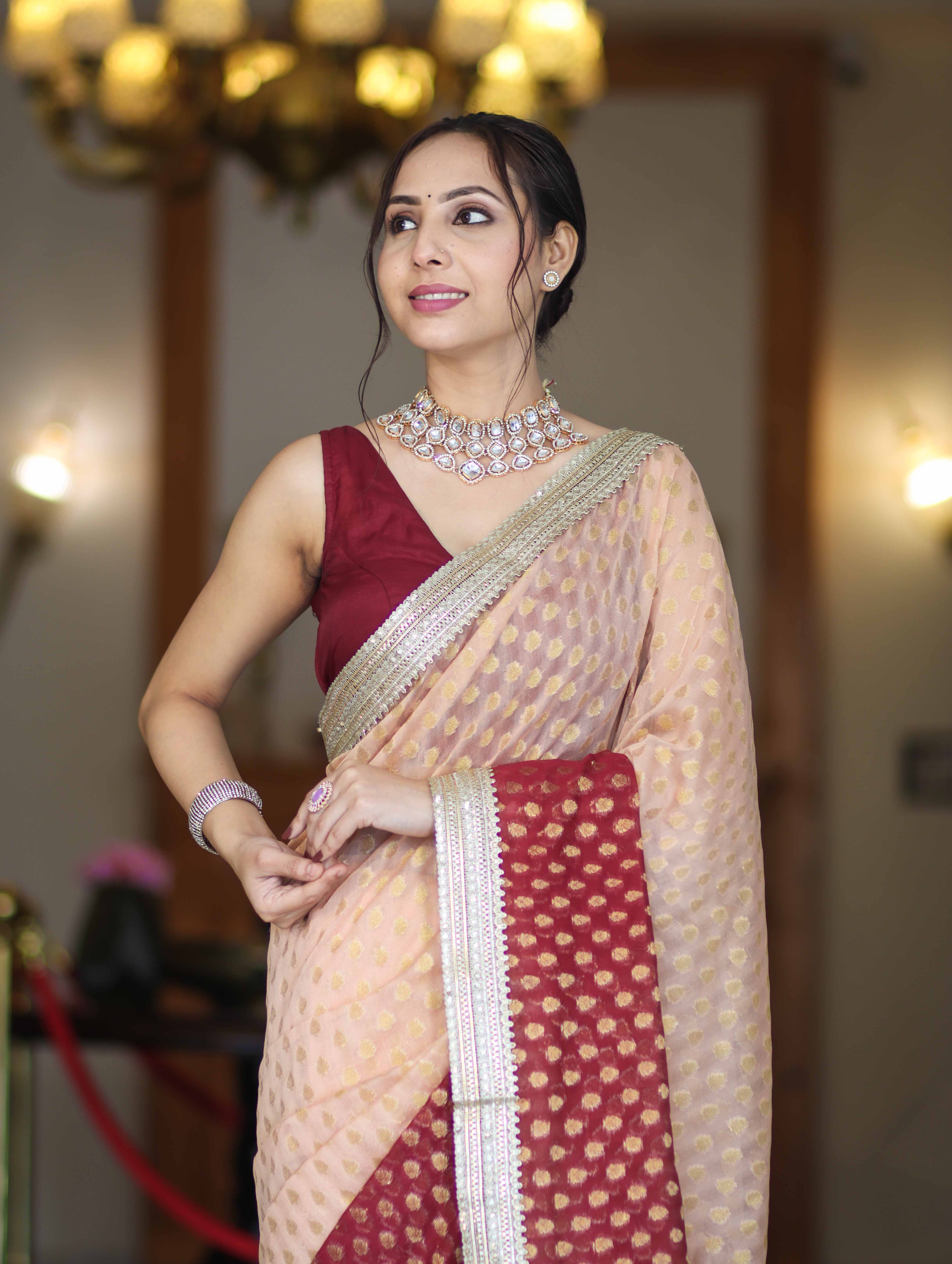 Banarasee Handwoven Dual Color Semi-Chiffon Saree With Zari Work & Lace Border-Peach & Burgundy