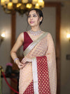 Banarasee Handwoven Dual Color Semi-Chiffon Saree With Zari Work & Lace Border-Peach & Burgundy