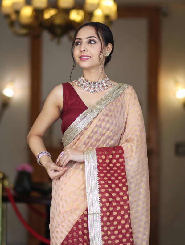 Banarasee Handwoven Dual Color Semi-Chiffon Saree With Zari Work & Lace Border-Peach & Burgundy