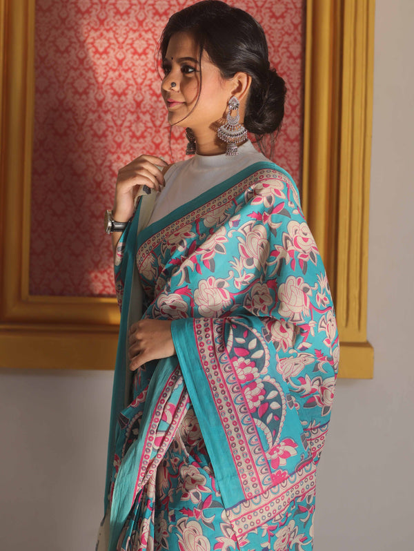 Handloom Mul Cotton Hand-Block Print Saree-Blue