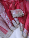 Banarasee Handloom Tissue Saree With Handwoven Pearl Motifs Zari Work & Lace-Red