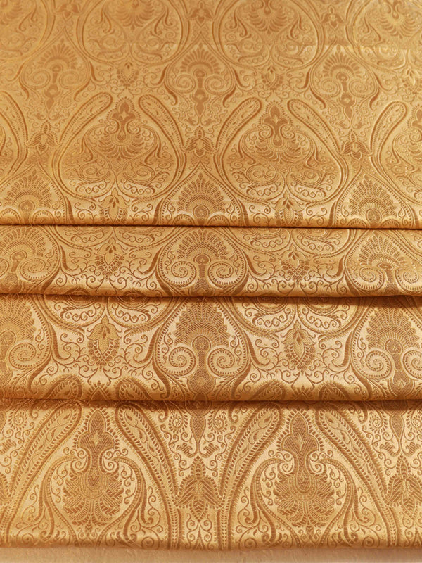Banarasee Satin Brocade Gold Zari Jaal Design Fabric-Beige