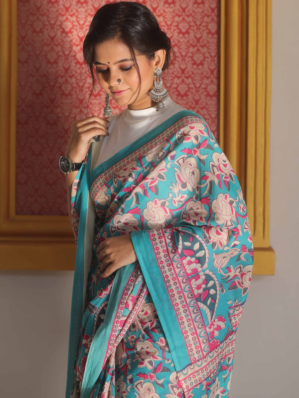 Handloom Mul Cotton Hand-Block Print Saree-Blue