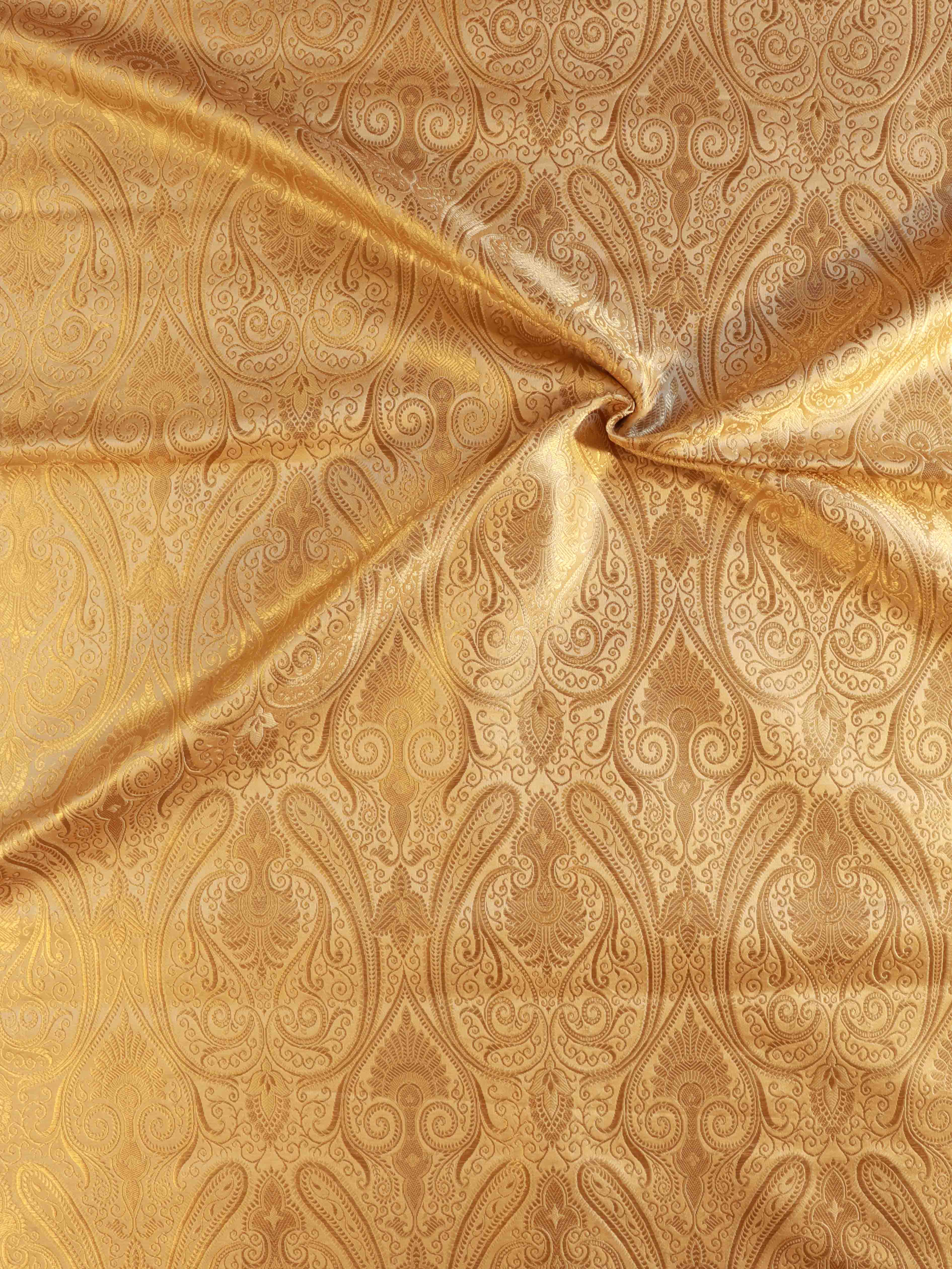 Banarasee Satin Brocade Gold Zari Jaal Design Fabric-Beige