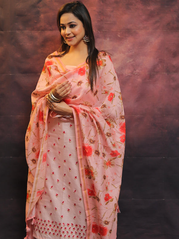 Banarasee Chanderi Cotton Embroidered Salwar Kameez Fabric With Digital Print Dupatta-Peach