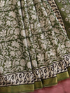 Handloom Maheshwari Silk Bagru Block Printed Saree-Green