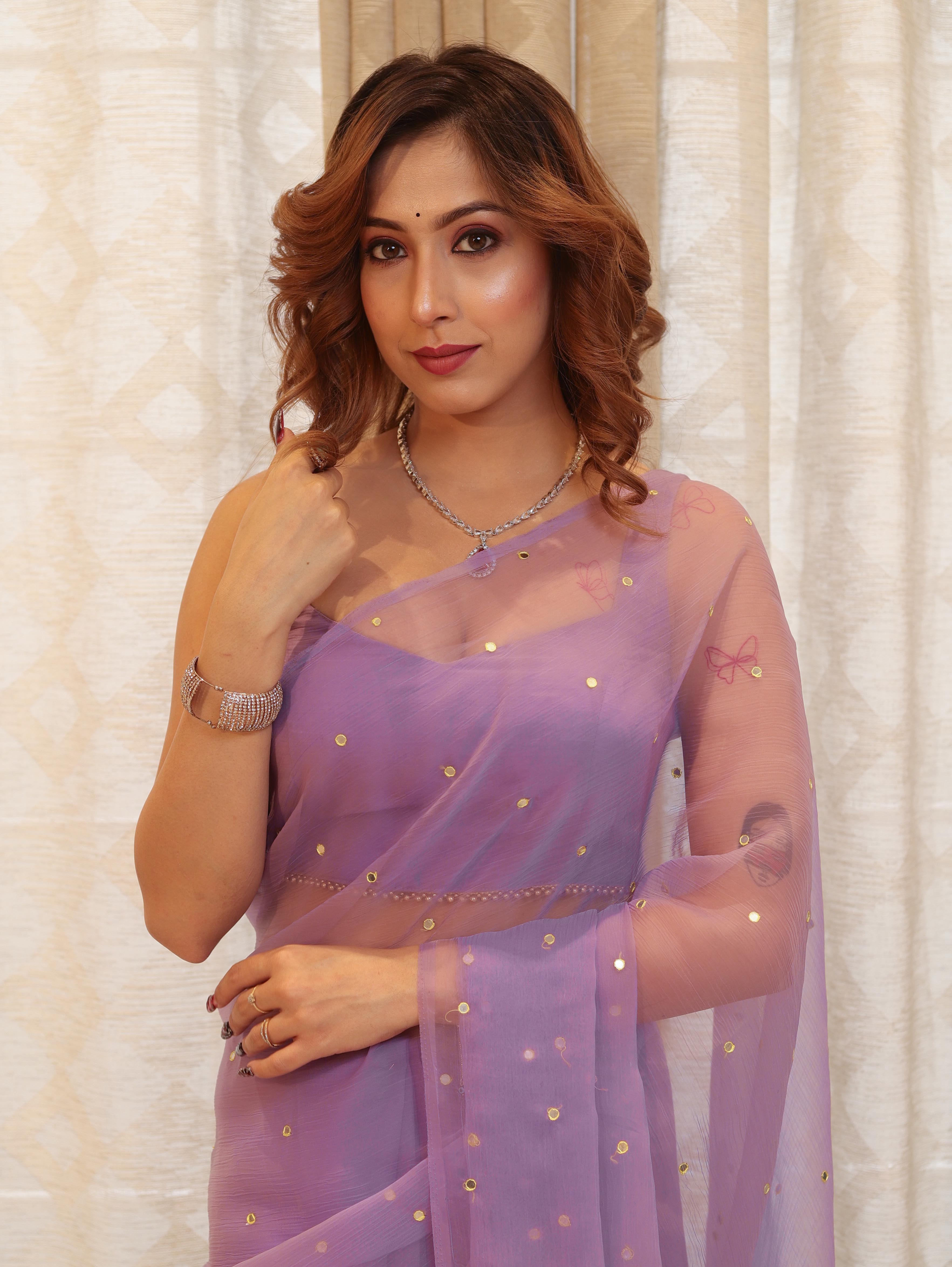 Banarasee Handwoven Semi Chiffon Saree With Mirror Work-Lilac