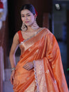 Banarasee Handloom Tissue Saree With Zari Buta Design Border & Lace-Rust
