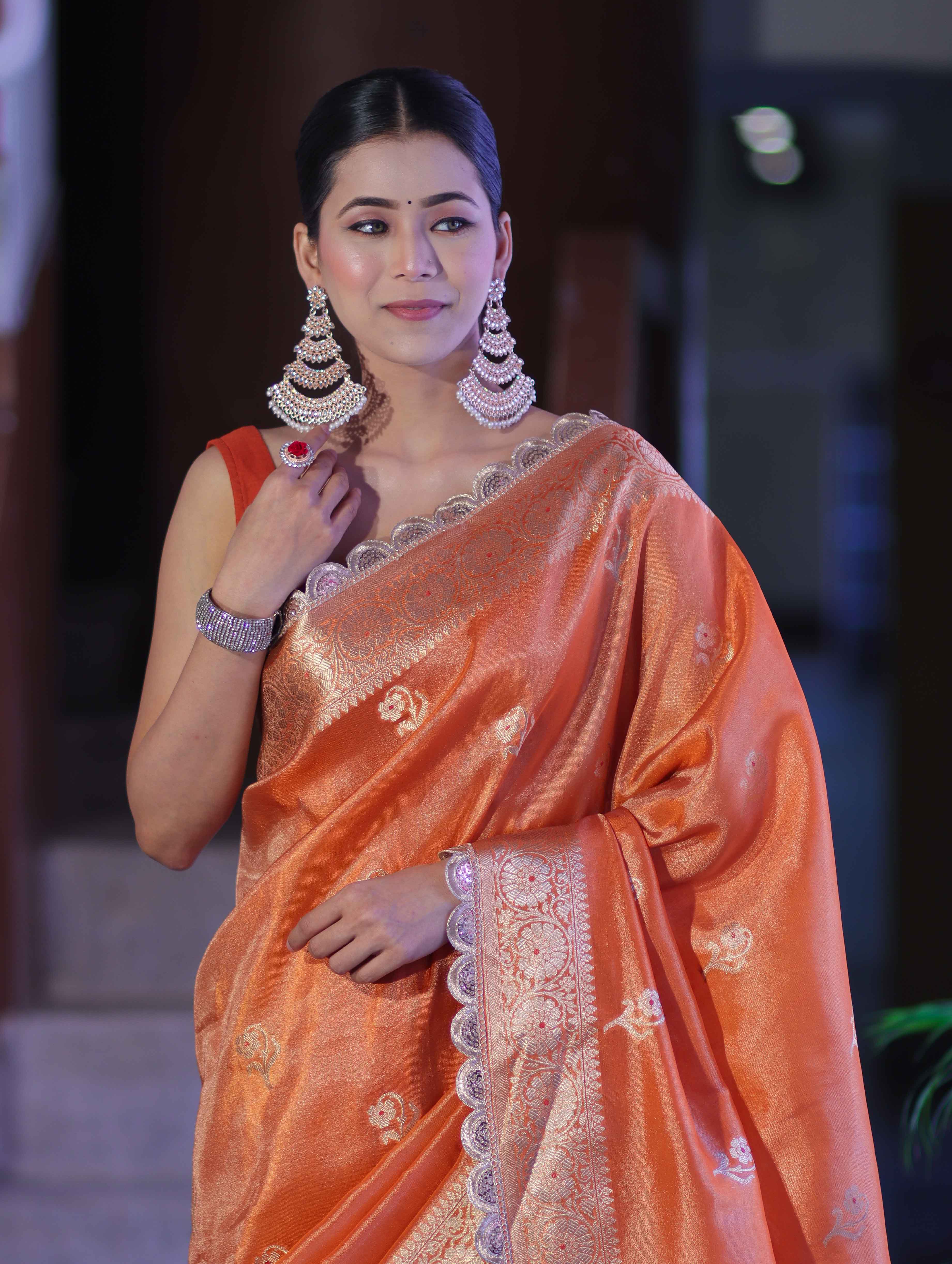 Banarasee Handloom Tissue Saree With Zari Buta Design Border & Lace-Rust