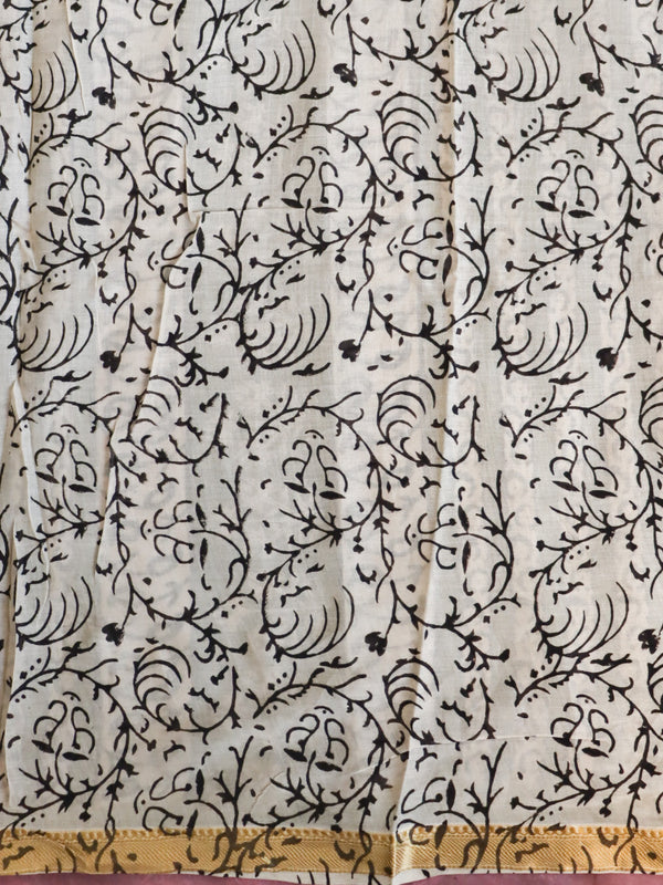 Handloom Maheshwari Silk Bagru Block Printed Saree-Green