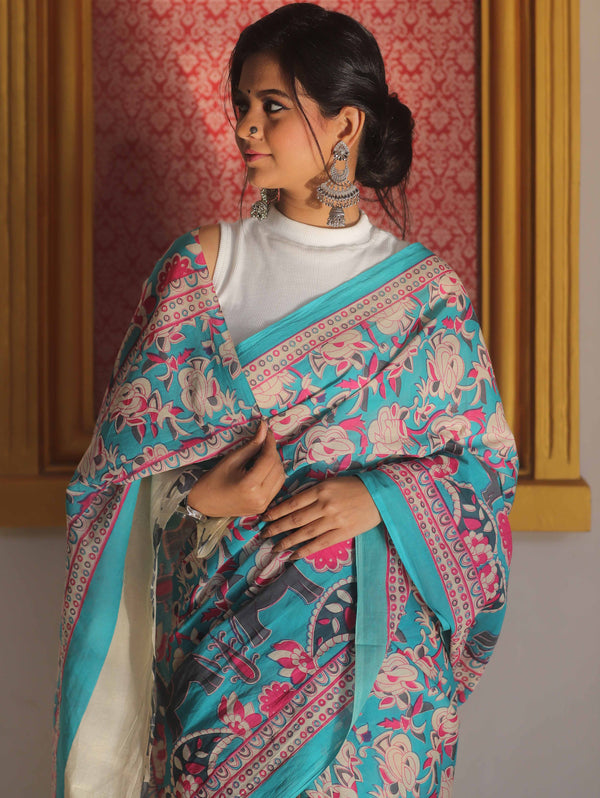 Handloom Mul Cotton Hand-Block Print Saree-Blue