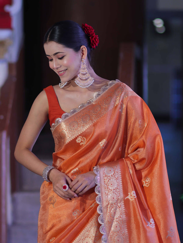 Banarasee Handloom Tissue Saree With Zari Buta Design Border & Lace-Rust