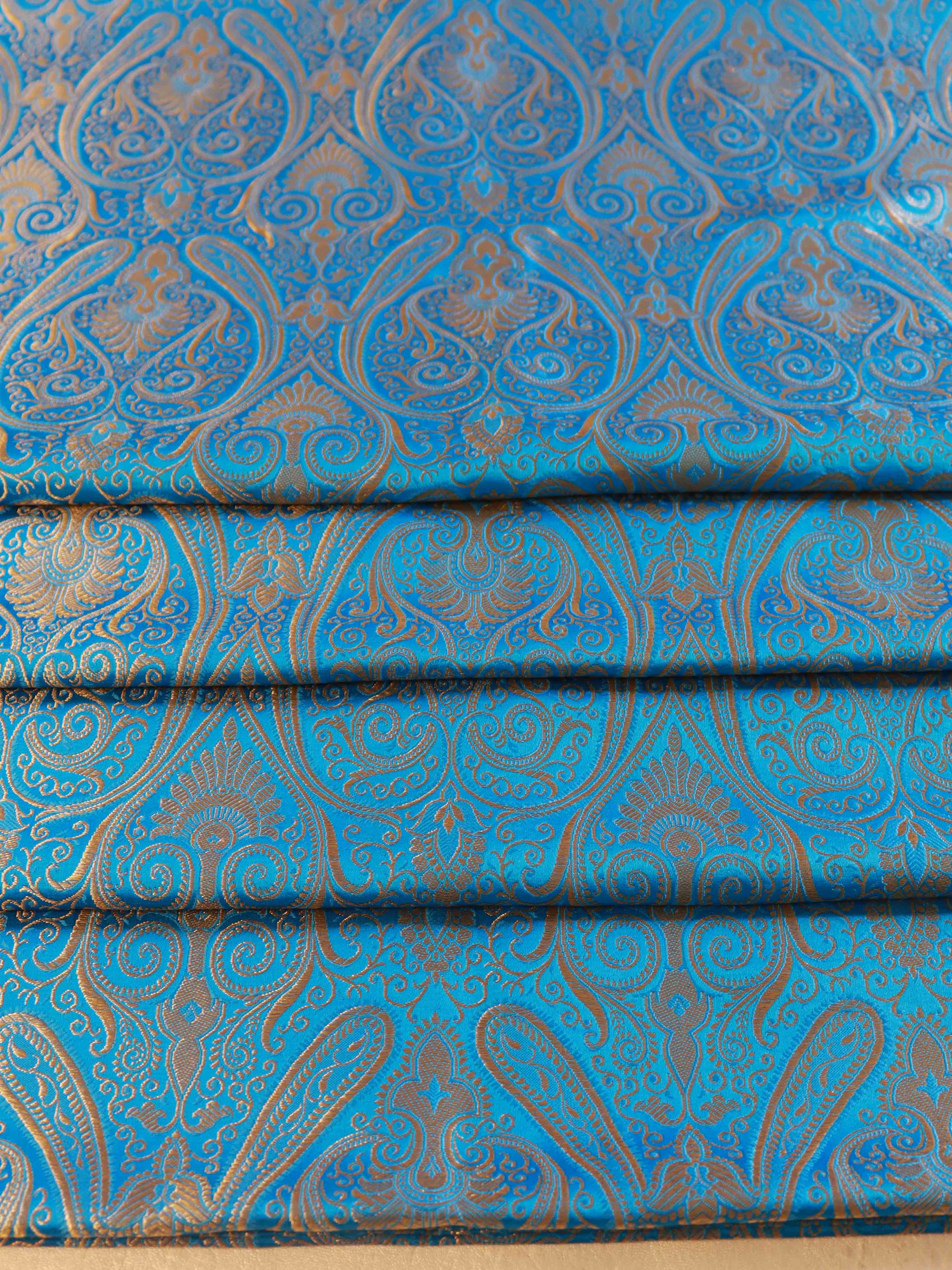 Banarasee Satin Brocade Gold Zari Jaal Design Fabric-Blue