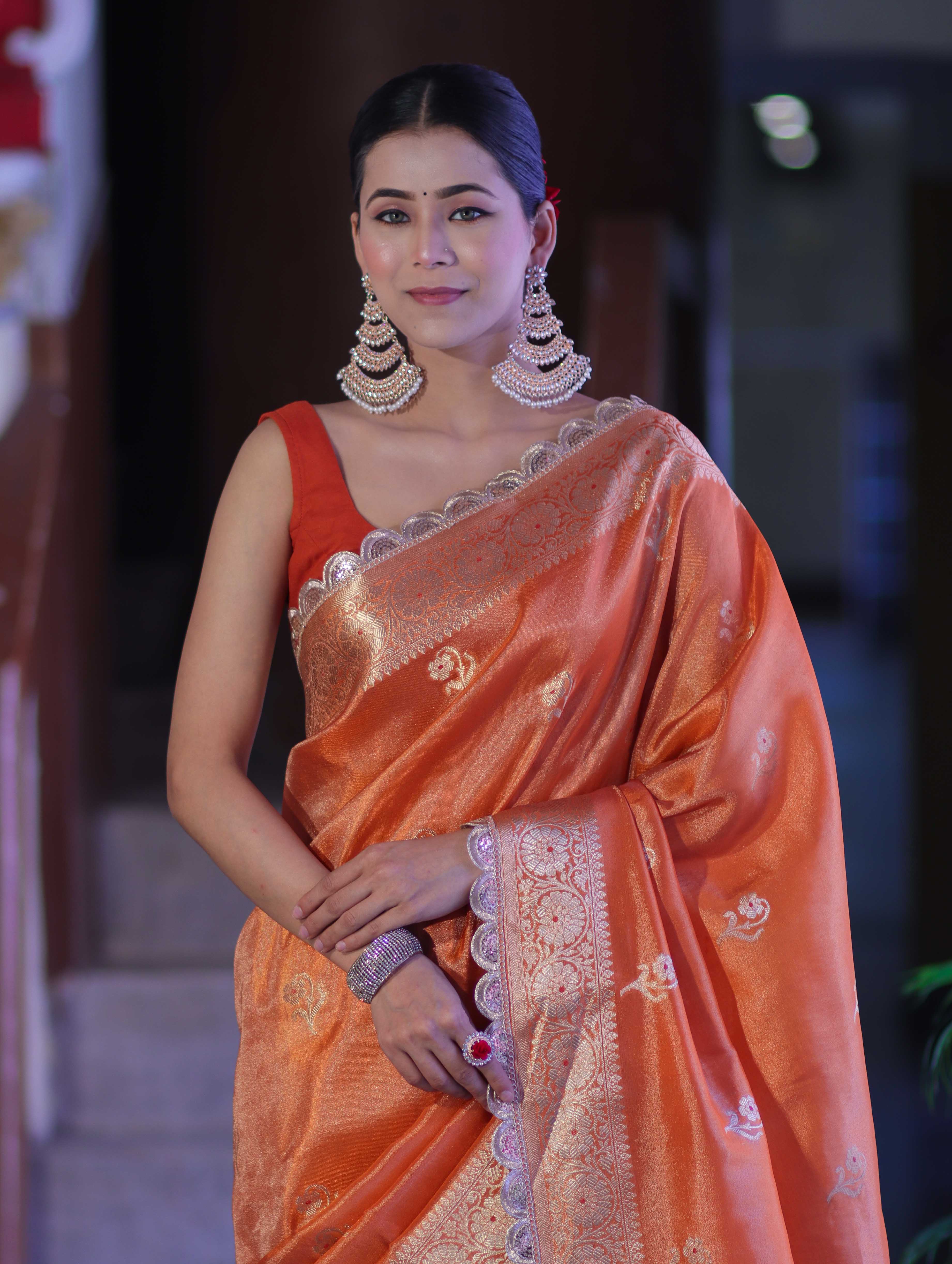 Banarasee Handloom Tissue Saree With Zari Buta Design Border & Lace-Rust