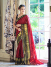 Banarasee Handloom Semi Silk Plain Saree With Contrast Border & Lace-Maroon