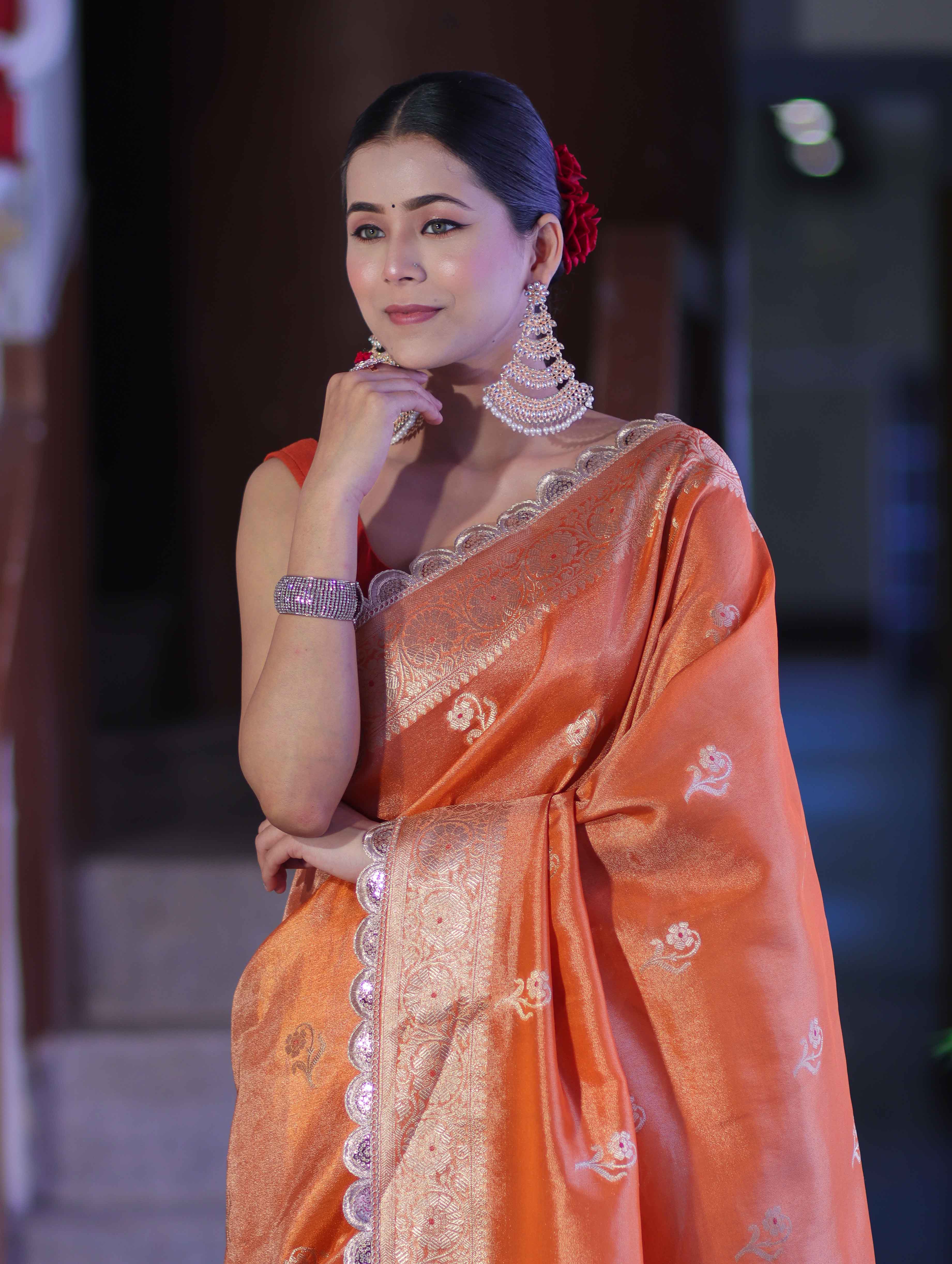 Banarasee Handloom Tissue Saree With Zari Buta Design Border & Lace-Rust