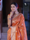 Banarasee Handloom Tissue Saree With Zari Buta Design Border & Lace-Rust