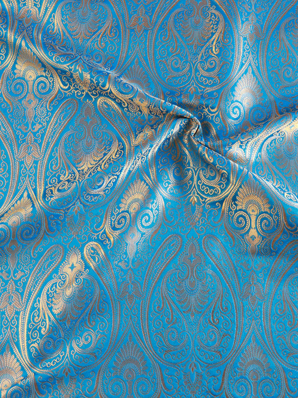 Banarasee Satin Brocade Gold Zari Jaal Design Fabric-Blue