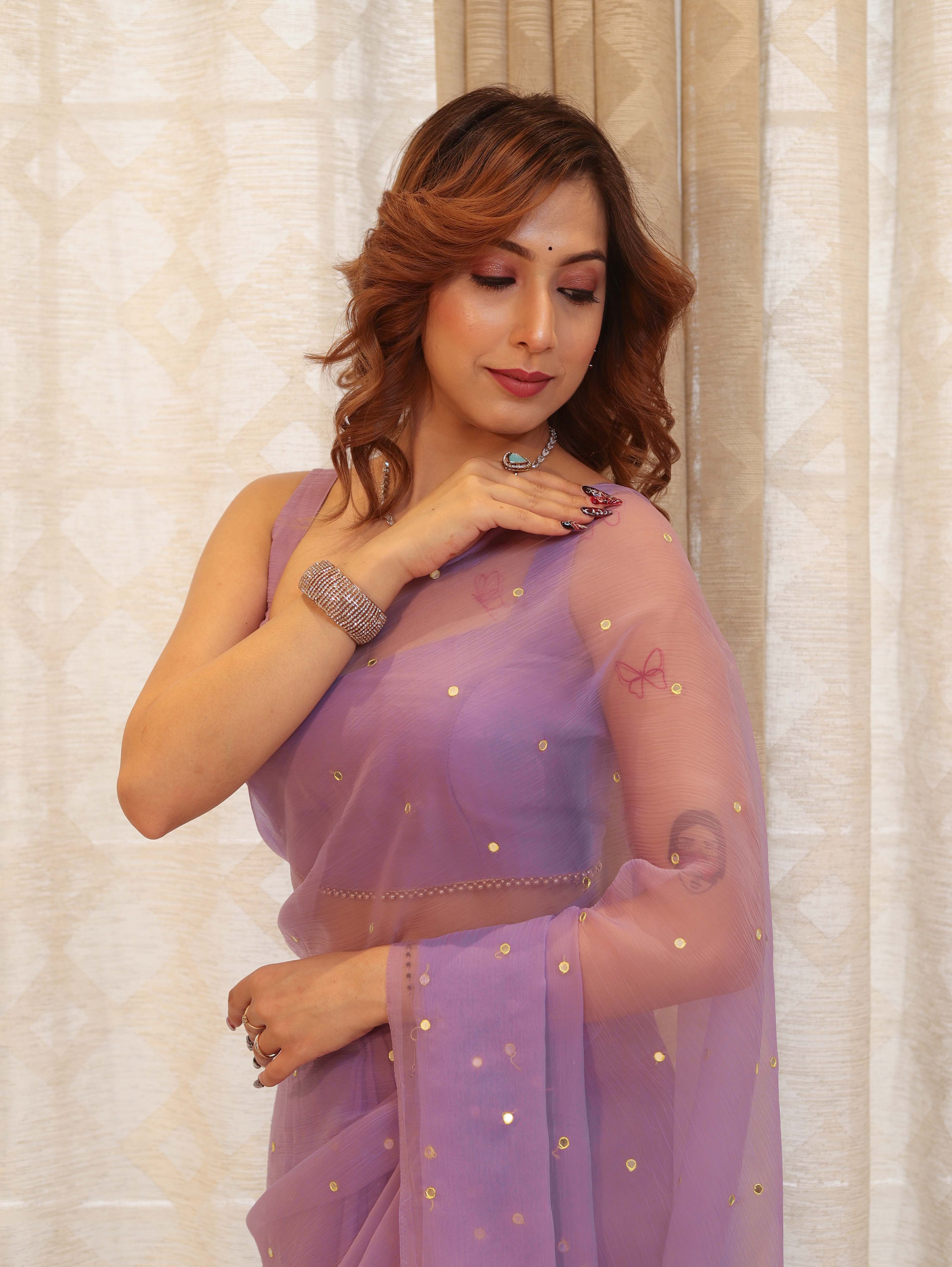 Banarasee Handwoven Semi Chiffon Saree With Mirror Work-Lilac