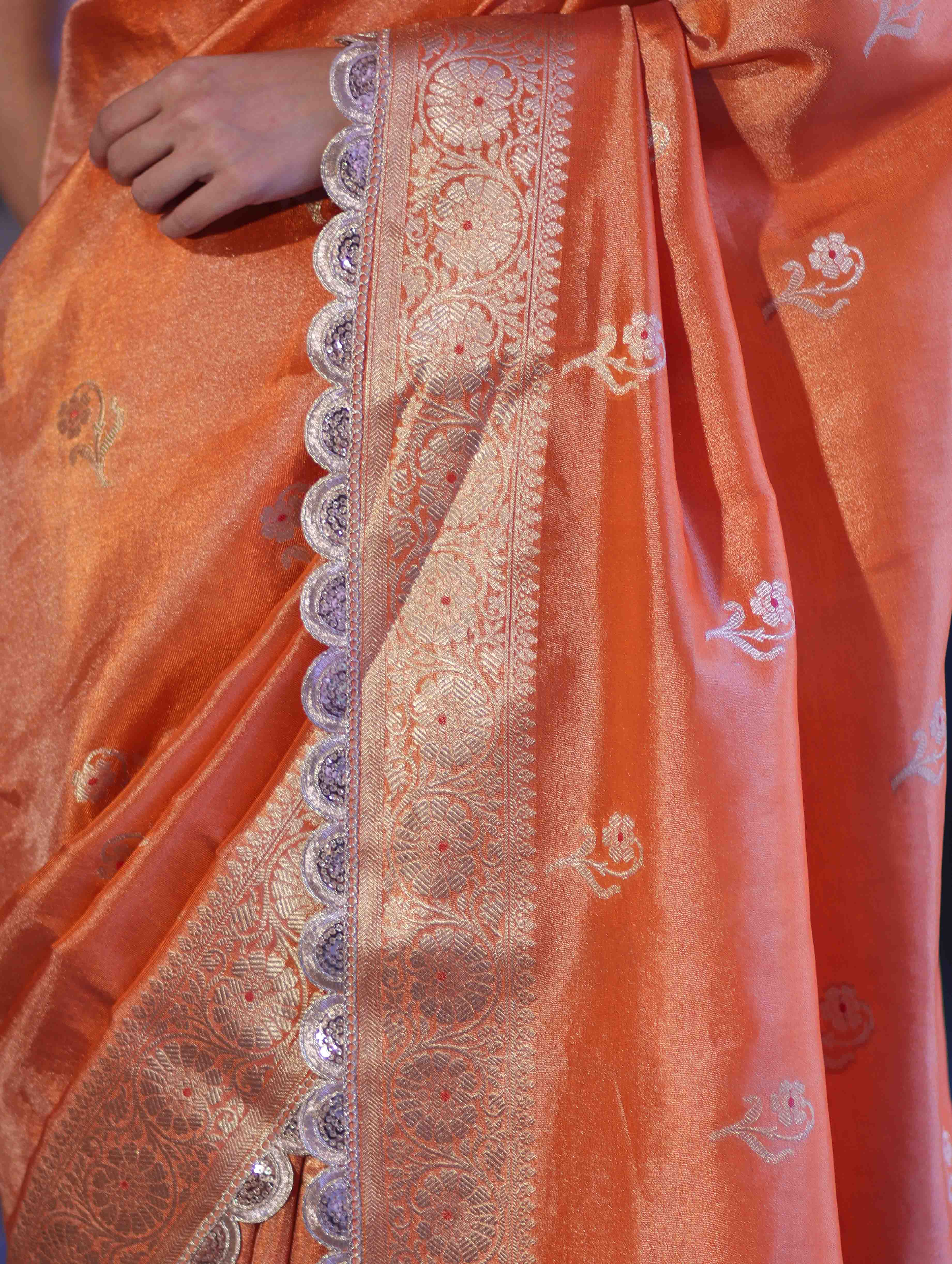 Banarasee Handloom Tissue Saree With Zari Buta Design Border & Lace-Rust
