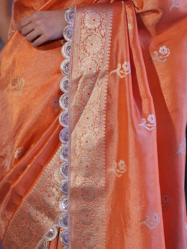Banarasee Handloom Tissue Saree With Zari Buta Design Border & Lace-Rust