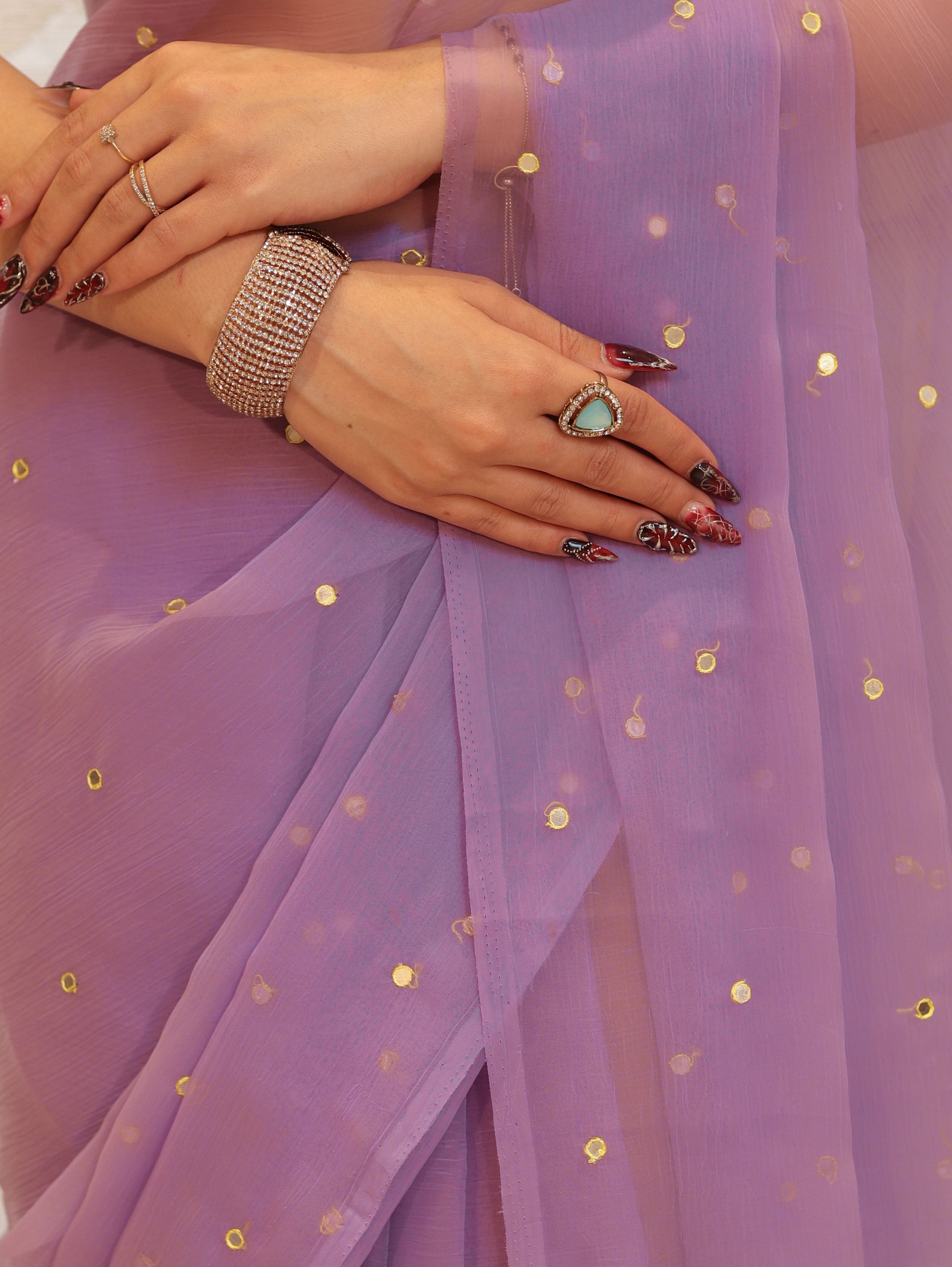 Banarasee Handwoven Semi Chiffon Saree With Mirror Work-Lilac