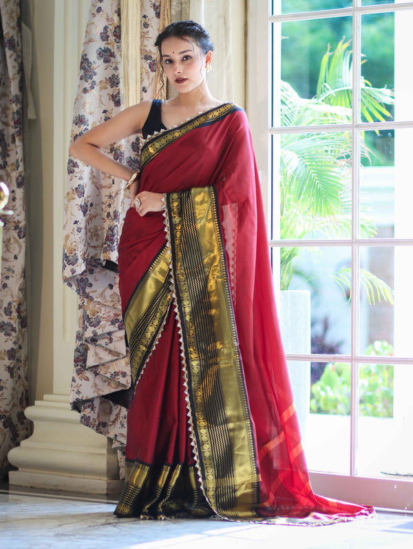 Banarasee Handloom Semi Silk Plain Saree With Contrast Border & Lace-Maroon