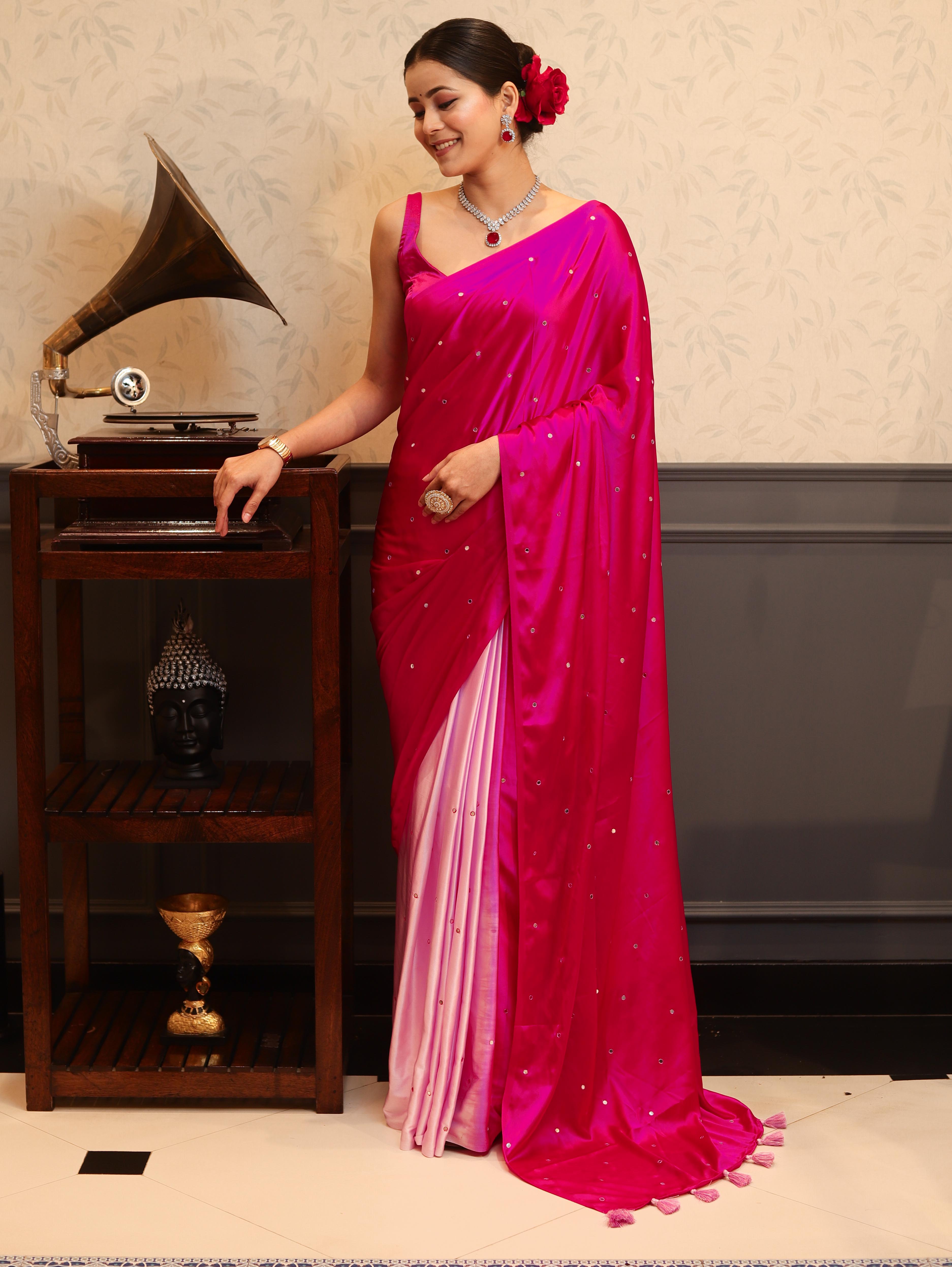 Banarasee Handloom Satin Hand Dyed Saree With Mirror Work-Pink(Dual Tone)