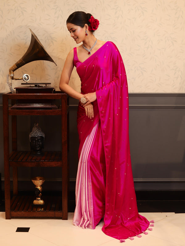 Banarasee Handloom Satin Hand Dyed Saree With Mirror Work-Pink(Dual Tone)