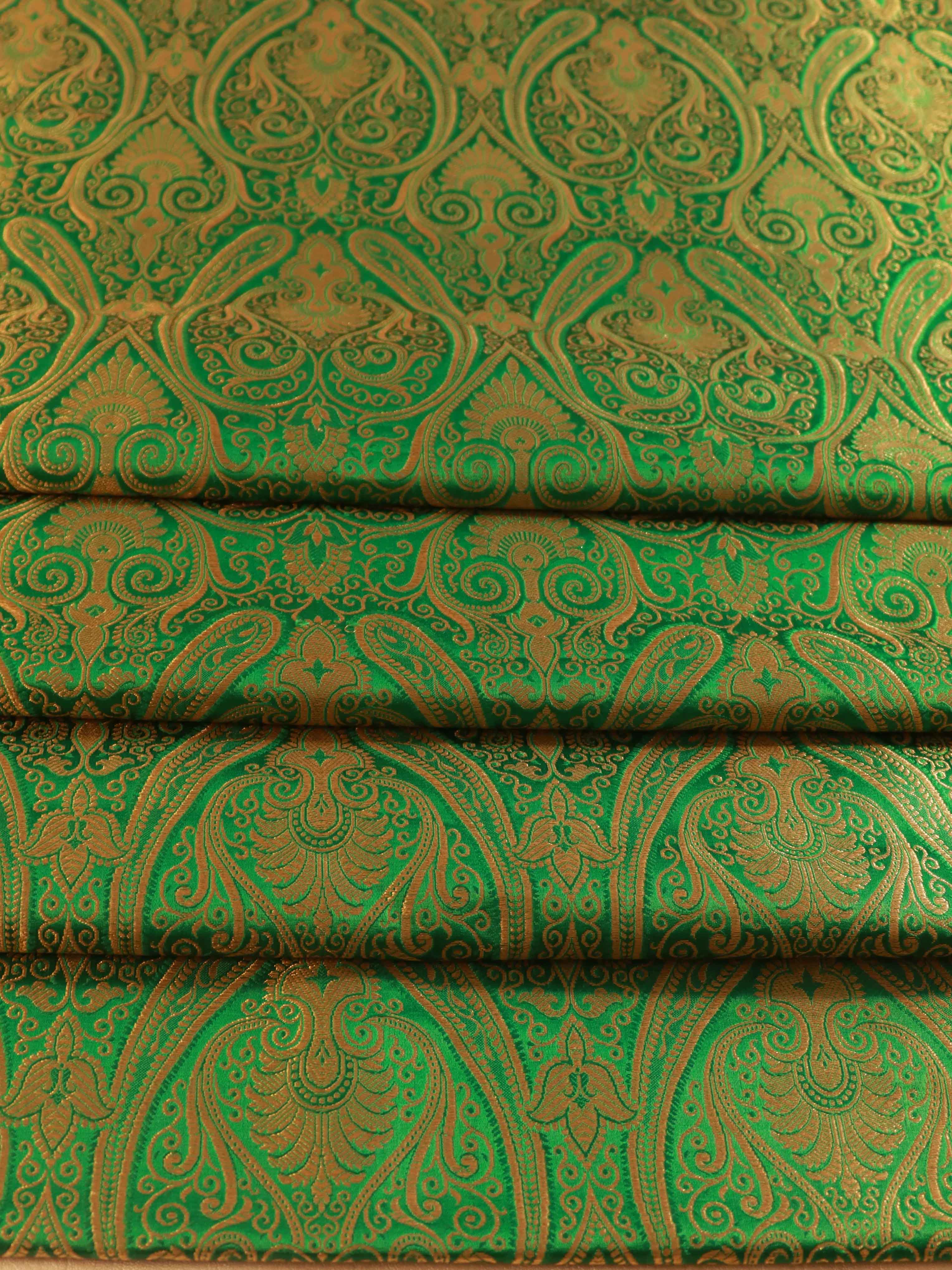 Banarasee Satin Brocade Gold Zari Jaal Design Fabric-Deep Green
