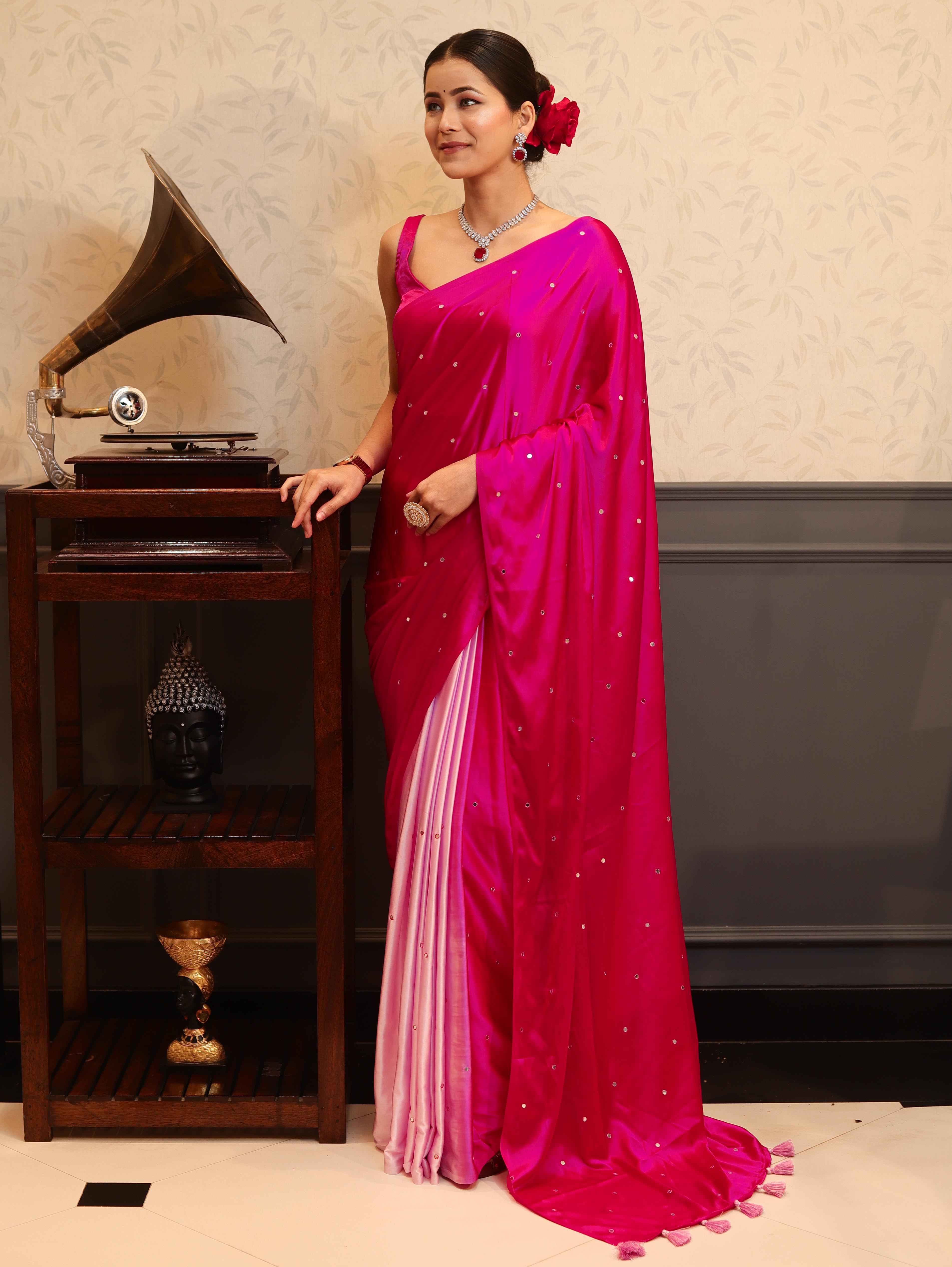 Banarasee Handloom Satin Hand Dyed Saree With Mirror Work-Pink(Dual Tone)