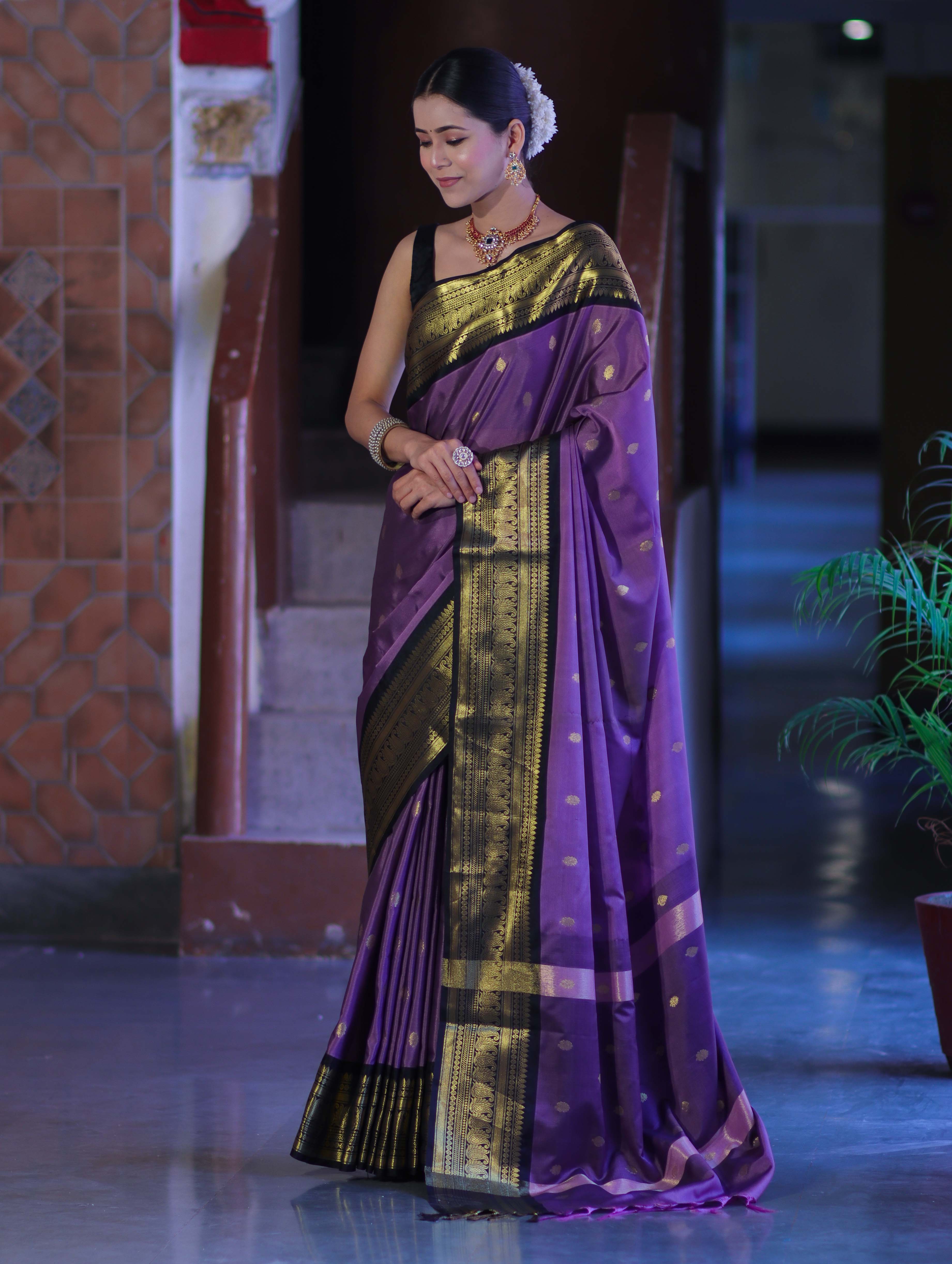 Banarasee Handloom Semi Silk Saree With Buti Design & Contrast Zari Border-Lavender & Black