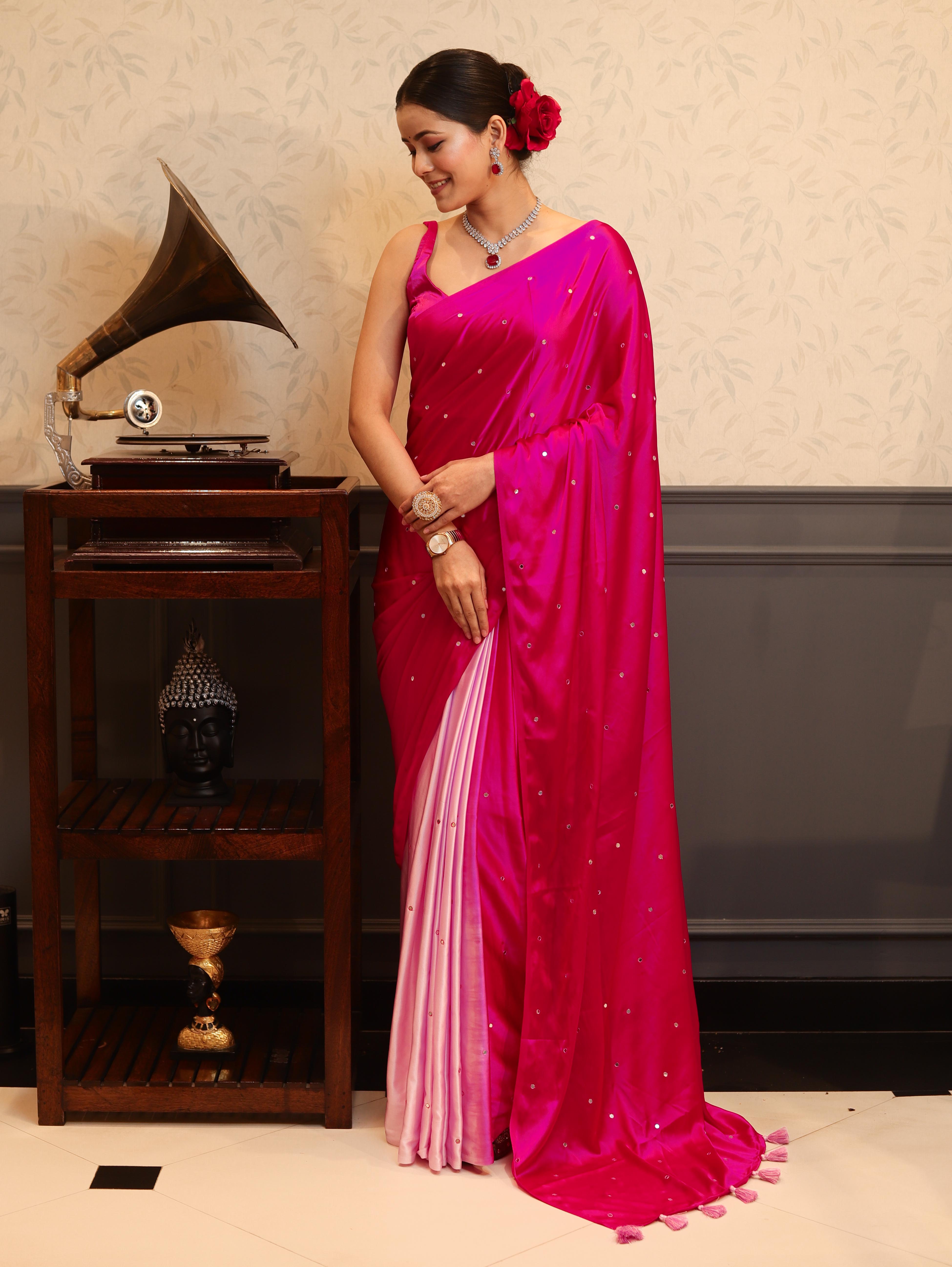 Banarasee Handloom Satin Hand Dyed Saree With Mirror Work-Pink(Dual Tone)