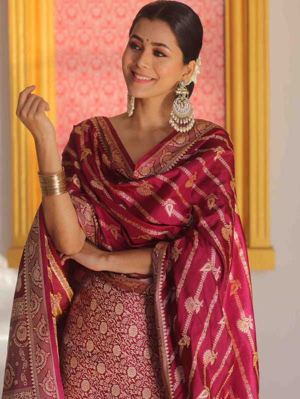 Banarasee Semi Katan Silk Salwar Kameez Fabric With Dupatta Zari Work-Magenta