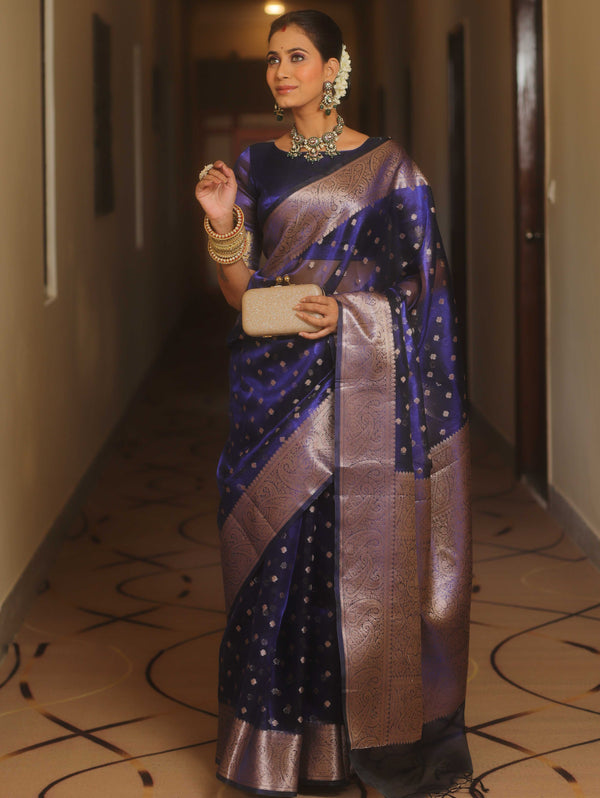 Banarasee Handwoven Tissue Saree Zari Border With Buti Design-Royal Blue