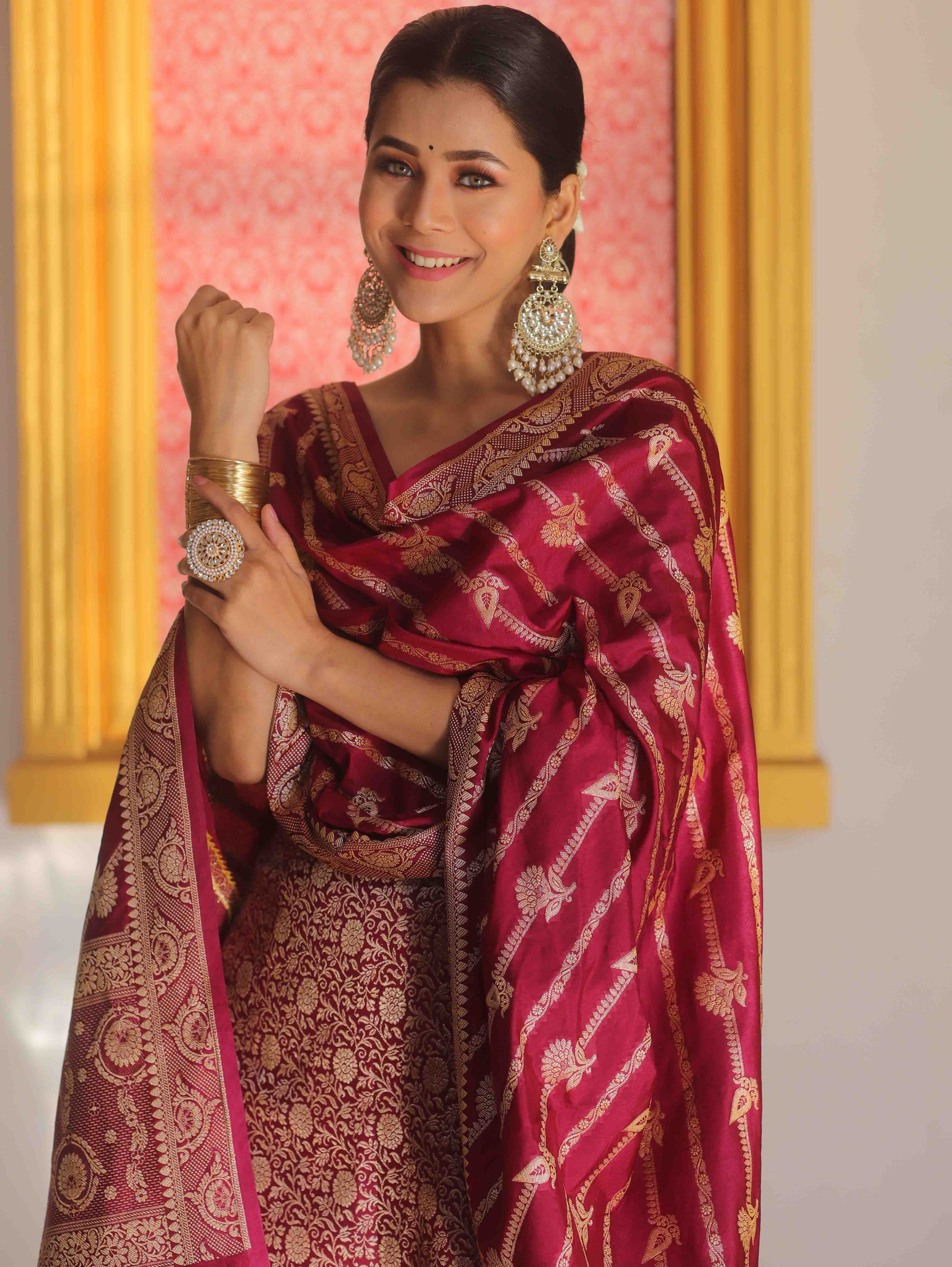 Banarasee Semi Katan Silk Salwar Kameez Fabric With Dupatta Zari Work-Magenta