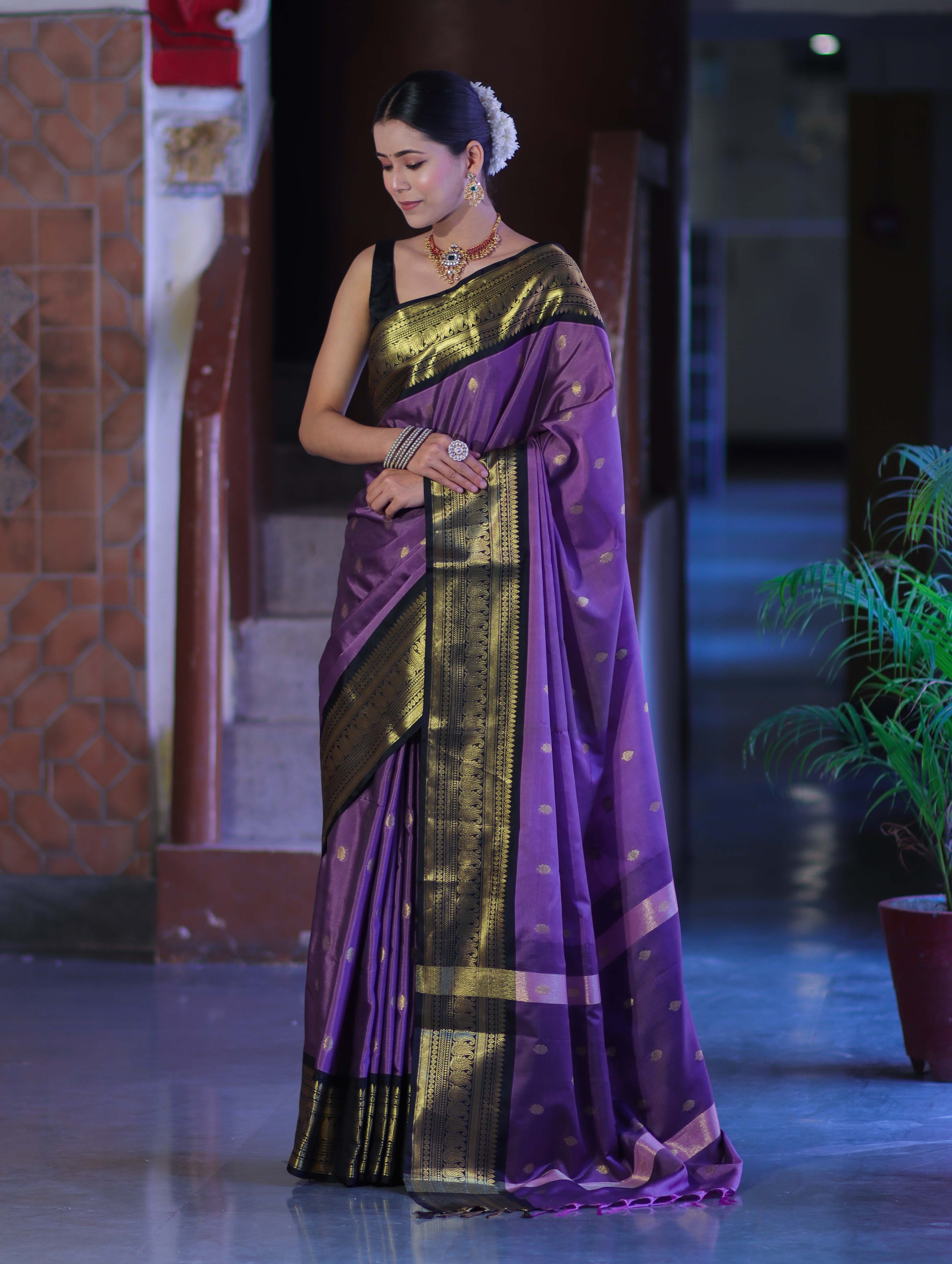 Banarasee Handloom Semi Silk Saree With Buti Design & Contrast Zari Border-Lavender & Black
